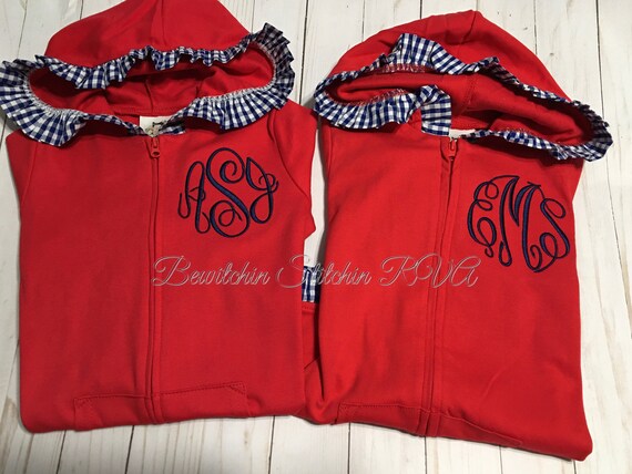 Personalized Baby Zip Front Hooded Jacket, Cotton Knit Ruffled Hooded Jacket,  Hooded Jacket with Ruffled Gingham Trim