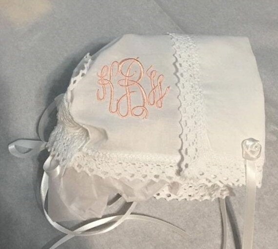 Monogrammed Handkerchief Baby Bonnet With Poem, Magic Baby Bonnet, Christening Bonnet, Keepsake Handkerchief Bonnet with Box, Handmade