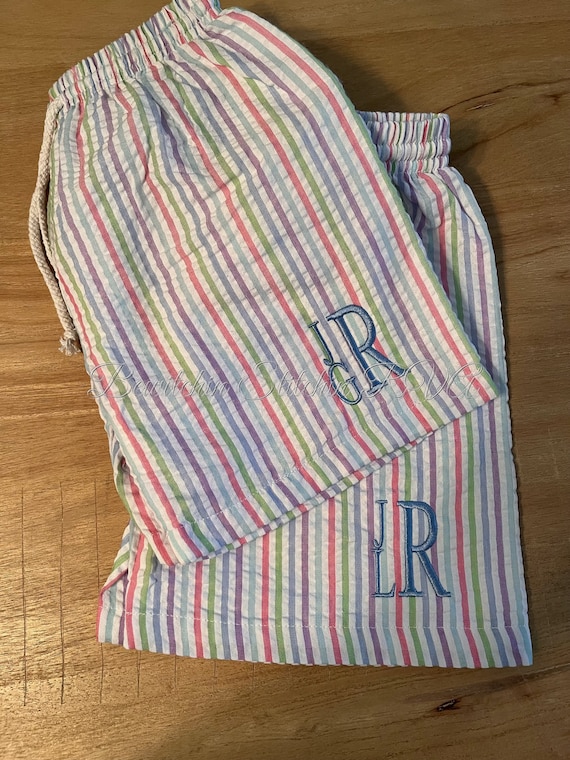 Personalized Pastel Stripe Boys Seersucker Swim Trunks, Baby Seersucker Swim Trunks, Toddler Seersucker Swim Trunks