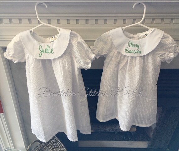 Personalized Girls White Seersucker Bishop Dress, White Flower Girl Dress, Baby Christening Dress, Toddler Bishop Dress, Monogrammed Dress