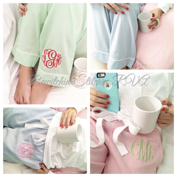 Monogrammed Bridesmaid Lounge Pants or Tee, Seersucker Lounge Pants, Seersucker Pajama Pants, Pink Pants,Blue Pants,Green, White, Set Option