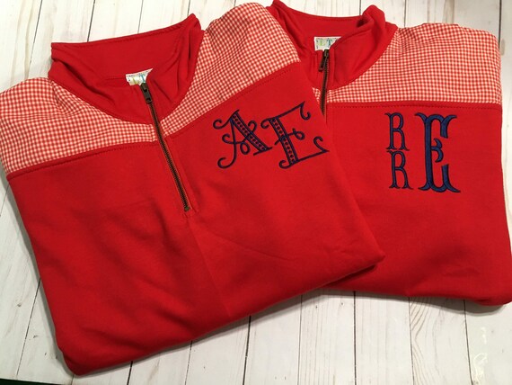 Personalized Red Unisex Quarter Zip Pullover, Preppy Adult Unisex Pullover, Bailey & Beau Pullover, Gingham Trimmed Pullover