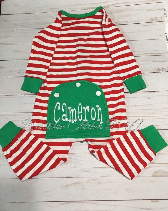 Faux Flap Personalized Christmas Pajamas, Unisex Kids Christmas PJs, Elf Stripe Union Suit Pajamas, Snug Fit w Tapered Leg & Cuffs