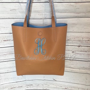 Monogrammed Tan Vegan Leather Tote Bag, Purse, Reversible, Embroidered, Pebble Grained Tote, Microfiber Tote