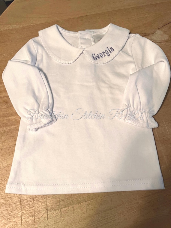 Personalized Peter Pan collar shirt, top, long sleeves, white, babies, toddlers, girls, Lace Trim Collar or Plain Collar, Ships Free