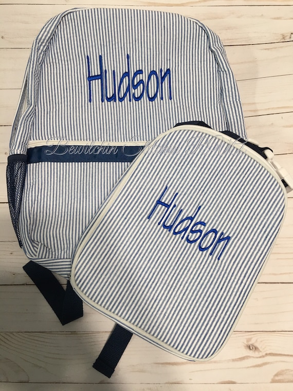 Personalized Seersucker Backpack, Full Size Personalized Navy Seersucker Backpack, Child’s Full Size Seersucker Backpack