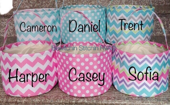 Easter Basket Tote, Personalized Easter Bucket, Easter Tote, Chevron, Polka Dots, Pink, Aqua Blue, EMBROIDERED Name, NOT VINYL