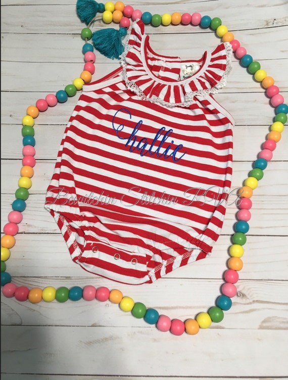 Monogrammed Ruffled Red Stripe Knit Baby Bubble, One Piece Romper, Solid White, Red and White Stripe