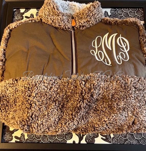 Personalized Ladies Brown Quilted Sherpa Pullover, Frosted Sherpa Pullover, Monogrammed Pullover, Gray, Black, Ivory, Brown, Wine