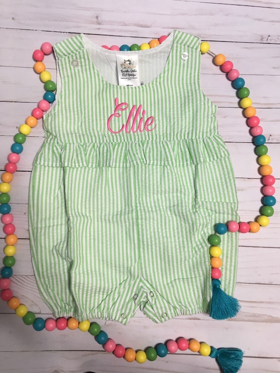 Personalized Girls Green Ruffled Romper, Seersucker Romper, Seersucker Sunsuit,Baby, Toddler, Pink, Lavender, Navy, Aqua, Red, SHIPS FREE