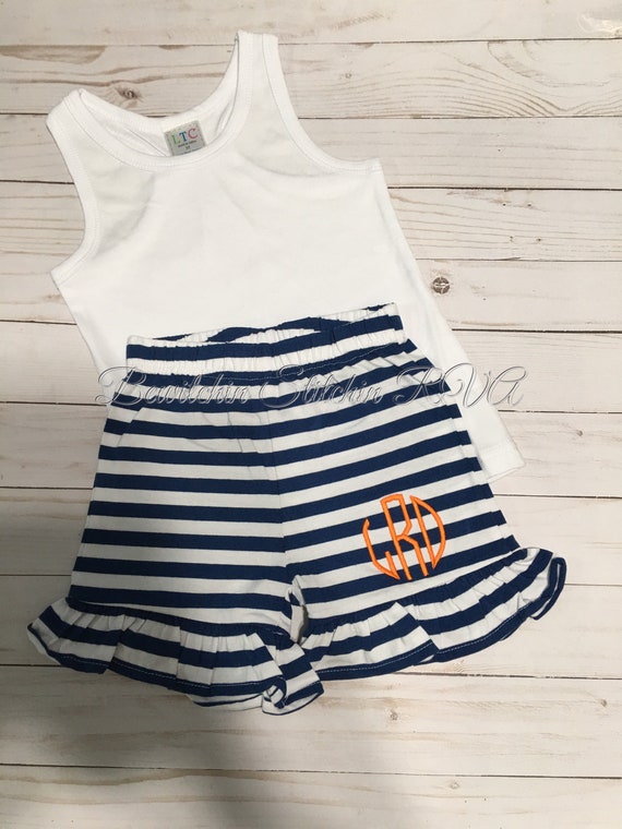 Personalized Girls Ruffled Navy Shorts, Toddler Shorts, Ruffled Shorts, Purple Stripe Shorts, Red Stripe Shorts, Baby Shorts