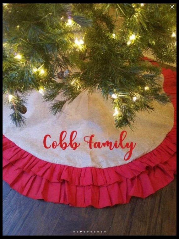 Personalized Farmhouse Tree Skirt with Red Double Ruffle, Ruffled Linen Jute Christmas Tree Skirt, Linen Burlap Tree Skirt