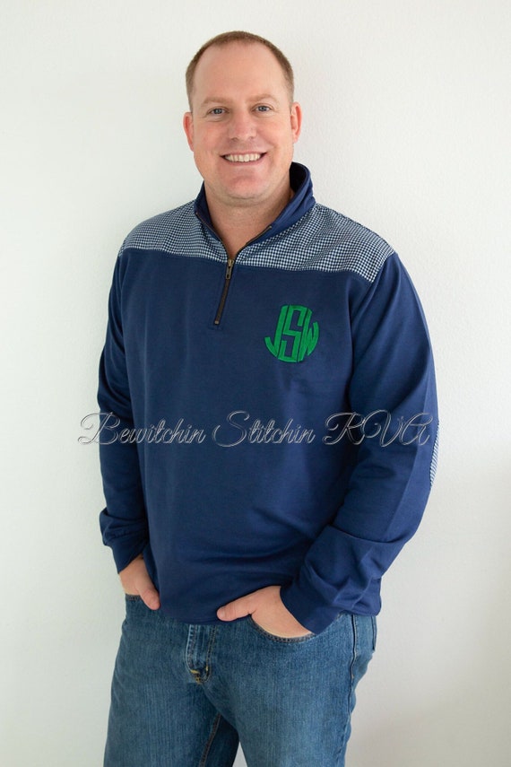 Monogrammed Navy Unisex Quarter Zip Pullover, Preppy Adult Unisex Pullover, Bailey & Beau Pullover, Gingham Trimmed Pullover