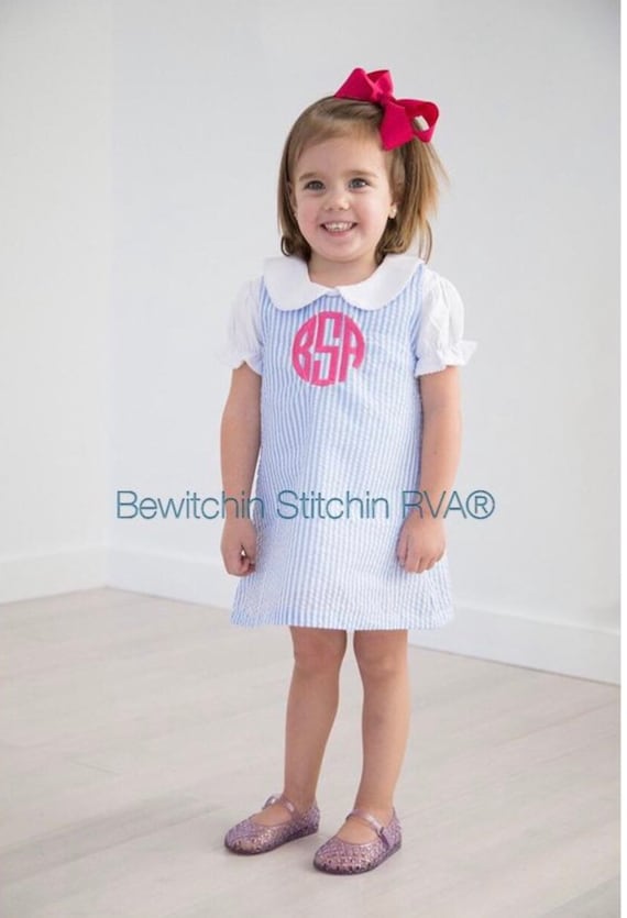 Personalized Seersucker Jumper Dress, Blue Seersucker Dress, Girls Blue Seersucker Dress, Toddler Seersucker Dress, Light Blue Jumper