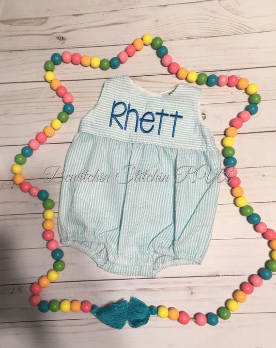 Personalized Seersucker Bubble Sunsuit, Unisex Baby Bubble Romper, Unisex Romper, Unisex Sunsuit, Aqua Bubble Suit