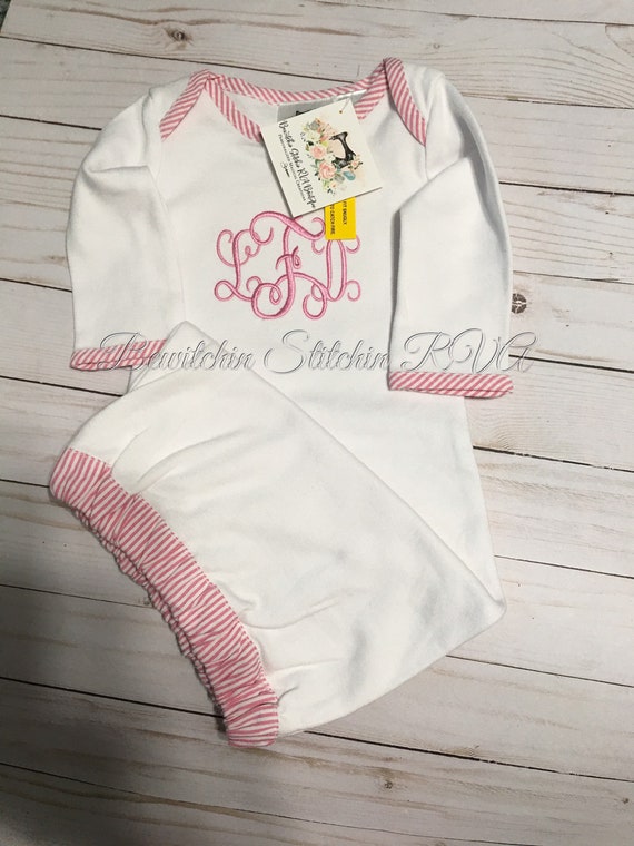 Personalized Cotton Infant Gown with Seersucker Trim, Seersucker Trim Infant Gown, Pink, Green, Blue Trim Gown