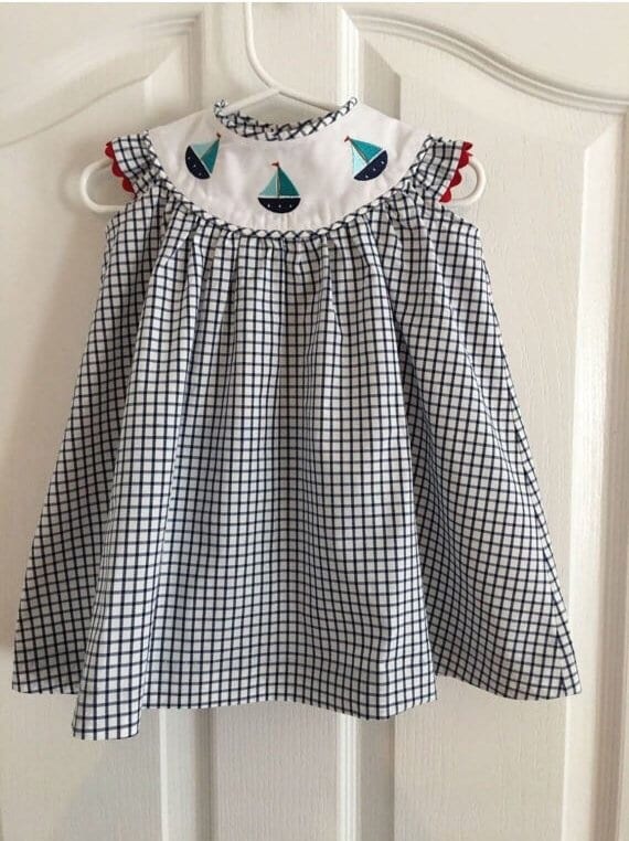 Custom Made Dress with Sail Boats, Nautical Dress, Sealife Dress, Embroidered, Blue and White Windowpane Check, Infants, Toddlers