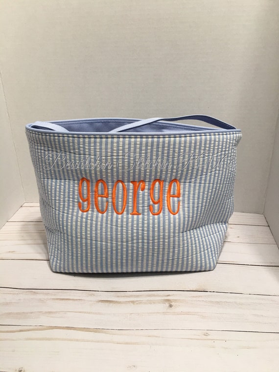 Personalized Blue Seersucker Basket, Seersucker Easter Bucket, Seersucker Easter Egg Tote, Embroidered, NOT VINYL