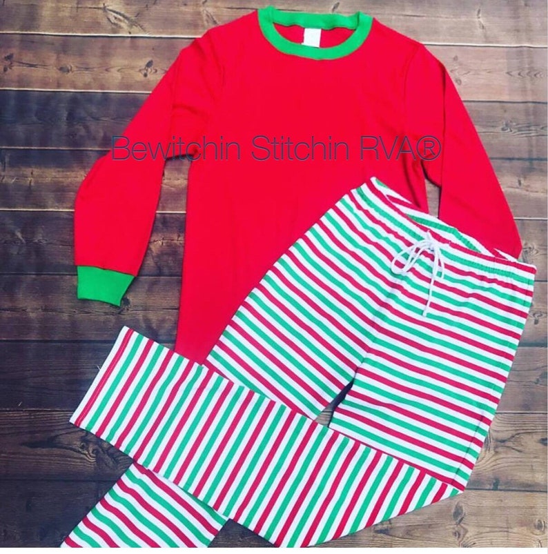 Adult Christmas Pajamas, Personalized Christmas Pajamas, Unisex Christmas Pajamas, Red/Green/White Stripe, Candy Cane Stripes image 3