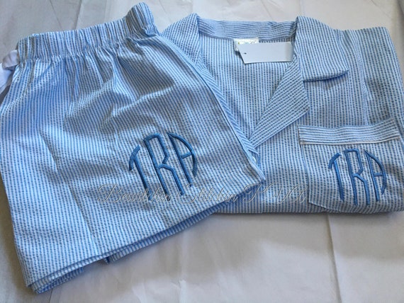 Personalized Ladies Blue Seersucker Pajama Set, Short Sleeve Pajama Set, Women’s Seersucker Pajama Set, Seersucker Lounge Set