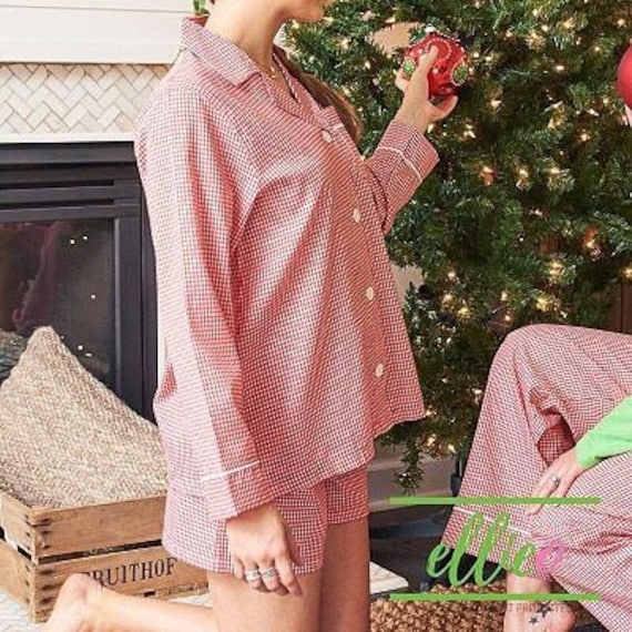 Monogrammed Ladies Red Gingham Pajama Set, Red Gingham Long Sleeved Top with Shorts, Gingham Sleep Set