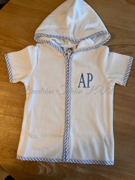 Personalized Swimsuit Cover-Up, Babies, Toddlers, Boys, White, Blue Seersucker Trim, Red Trim, Green Trim, Embroidered, Monogrammed