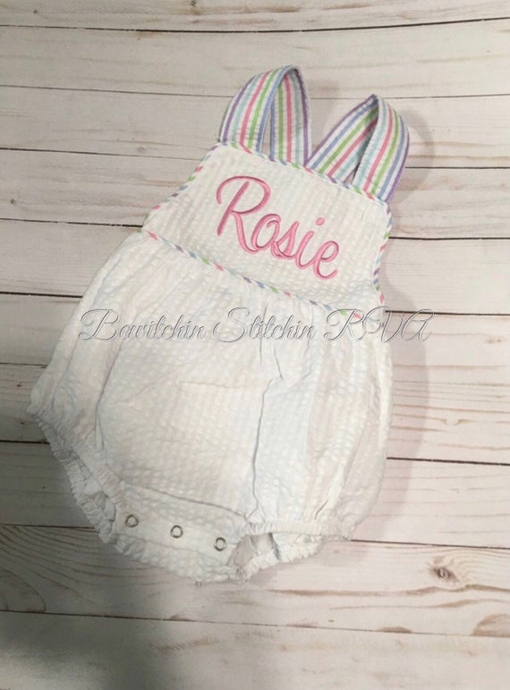 Monogrammed Girls Sunsuit, Unisex Seersucker Baby Sunsuit, Unisex Toddler Sunsuit, Seersucker Baby Bubble, Seersucker Toddler Bubble