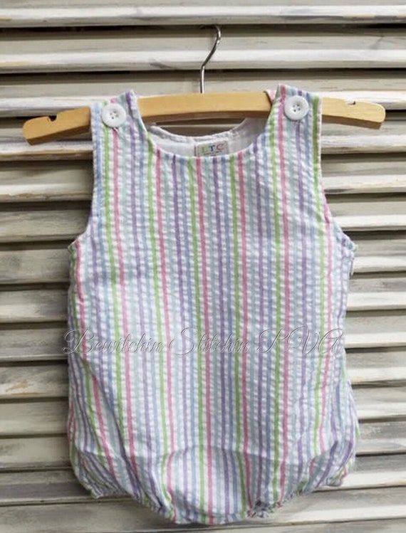 Personalized Seersucker Baby Bubble, Seersucker One Piece Romper, Pastel Seersucker Stripe Bubble, Pastel One Piece Romper