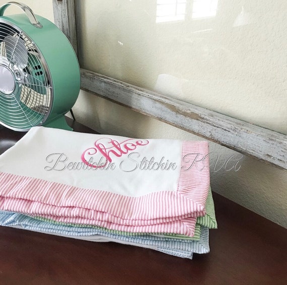 Personalized Seersucker Trimmed Baby Blanket, Baby Blanket, Green Trim Baby Blanket, Pink Trim Baby Blanket, Blue Trim Blanket