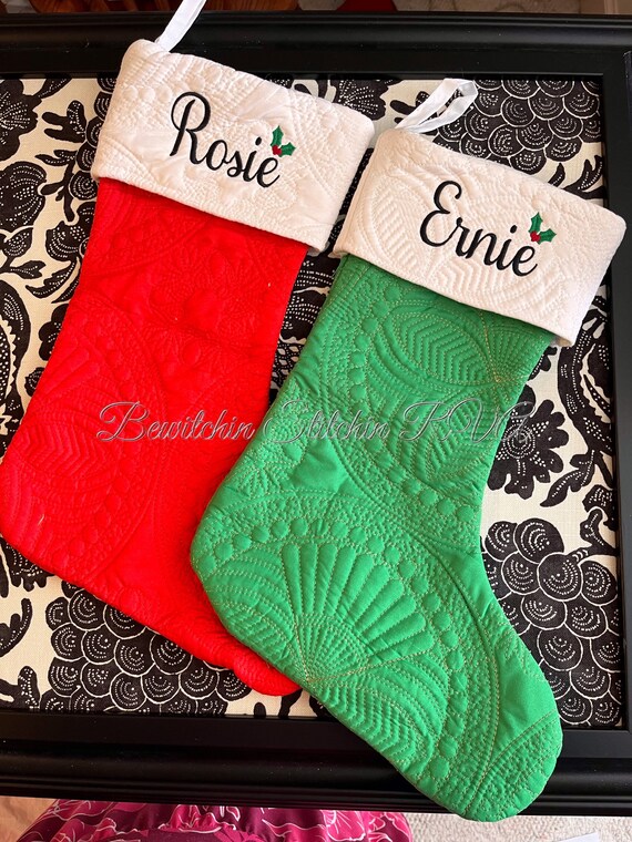 Personalized Red Quilted Christmas Stocking, Heirloom Quilted Christmas Stocking, Red, White, Green