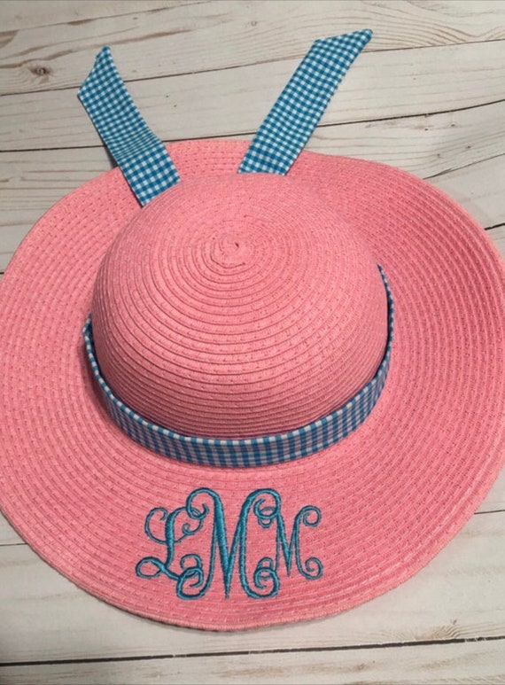 Monogrammed Pink Kids Floppy Straw Hat, Girls Pink Straw Hat, Beach Hat, Ivory, Pink, Hot Pink, Lavender, Aqua, Navy, Coral