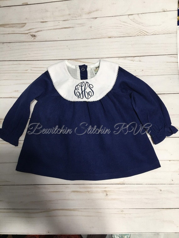 Monogrammed Corduroy Bishop Dress, Knee Length Dress, Girls Navy Christmas Dress, Toddler Bishop Dress, Baby Christmas Dress, Ships Free