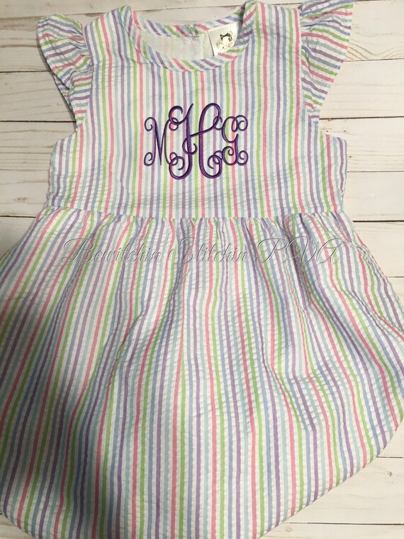 Personalized Pastel Stripe Seersucker Dress, Girls Easter Dress, Toddler Seersucker Dress, Baby Seersucker Dress, Easter Dress