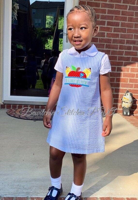 Personalized Seersucker Back to School Jumper Dress, Blue Seersucker Jumper, Girls Blue Seersucker Dress, Toddler Seersucker Dress, Blu