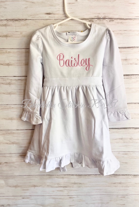 Personalized Girls White Dress, Toddler White Dress, Knit White Dress, Long Sleeve White Dress, Monogrammed White Dress