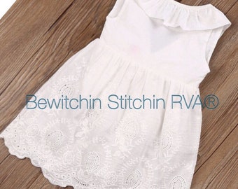 Flower Girl Dress, White Eyelet Dress, Beach Wedding, Lined, Toddlers, Girls