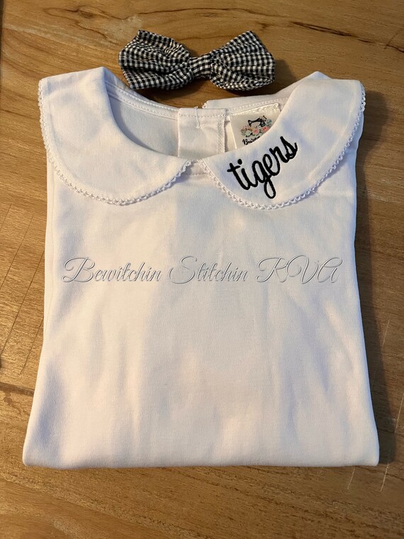 Personalized Peter Pan collar shirt, top, long sleeves, white, babies, toddlers, girls, Lace Trim Collar or Plain Collar, Ships Free