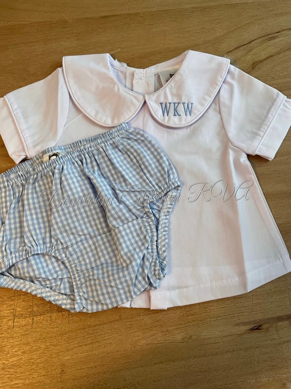 Personalized Peter Pan Collar Shirt and Baby Bloomers, Baby Diaper Set, Monogrammed Peter Pan Collar Top, Gingham Baby Bloomers