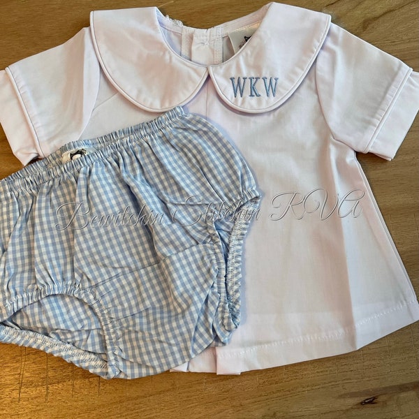 Personalized Peter Pan Collar Shirt and Baby Bloomers, Baby Diaper Set, Monogrammed Peter Pan Collar Top, Gingham Baby Bloomers