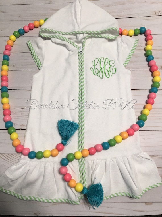 Personalized Girls Swimsuit Cover-Up, Cotton Terry Cloth,White, Pink Trim, Green Trim, Baby, Toddler, Girls