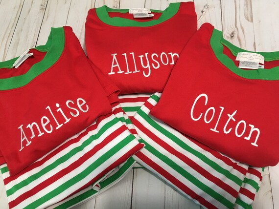 Personalized Ladies Christmas Pajamas, Mens Christmas Pajamas, Adult Christmas Pajamas, Red, Green, White Stripes, Candy Cane Stripes