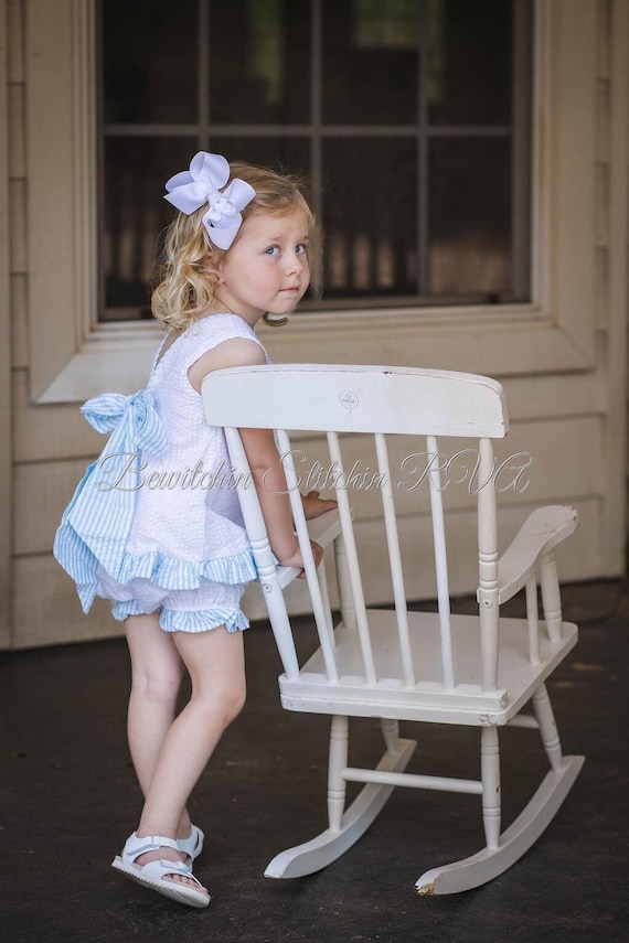 Personalized Aqua Seersucker Swing Back Top & Bloomer Set, Toddler Girls Shorts Set, Baby Girls Seersucker Bow Back Set