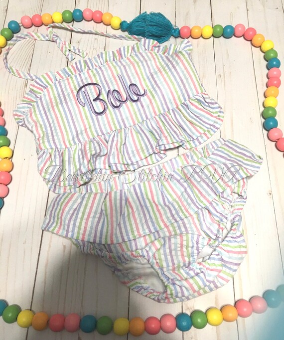 Girls Personalized Pastel Striped Seersucker Swimsuit, Toddler Pastel Multi Stripe Bikini, Monogrammed Seersucker Bikini