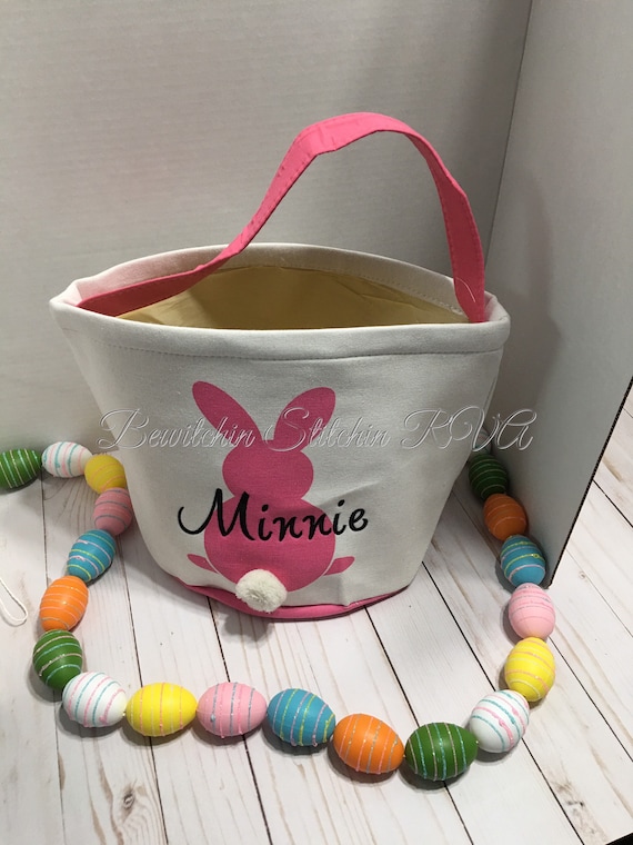 Personalized Bunny Tail Easter Basket, Canvas Collapsible Easter Basket, Easter Bucket, Easter Tote, Purple, Pink, Green, Blue,Yellow,Mint