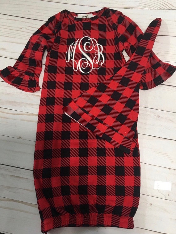 Personalized Girls Christmas Infant Gown and Matching Hat Set, Striped Christmas Sack Gown, Buffalo Check Baby Gown, FREE HAT