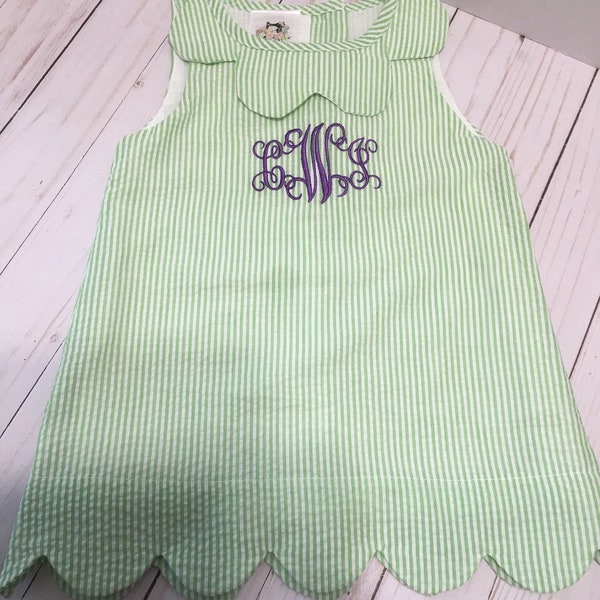 Monogrammed Green Scalloped Seersucker Dress, Toddlers, Girls, Pink, Purple, Blue, Green, Personalized