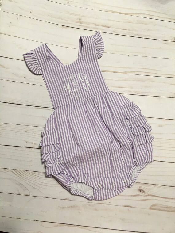 Personalized Girls Ruffled Aqua Sunsuit, Seersucker, Fully Lined, Baby, Toddler, Pink, Lavender, Aqua, SHIPS FREE