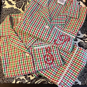 Personalized Gingham Family Christmas Pajamas, Ladies Pajamas, Girls Pajamas, Boys Pajamas, Cotton Gingham, Red,Green,White