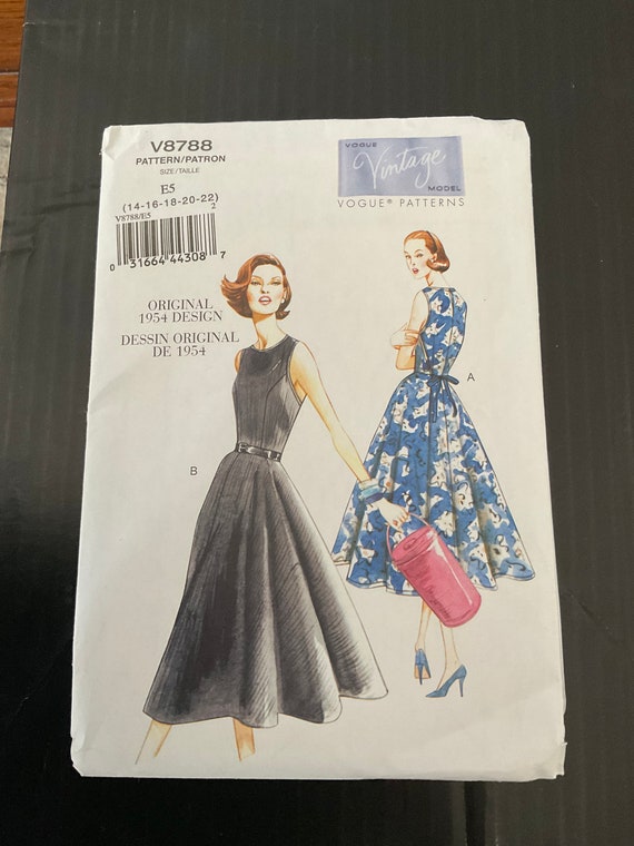 Vogue V8788 1954 Reproduction Back Wrap Dress w Princess Seam Bodice Sewing Pattern OOP  14-16-18-20-22 Bust 36 - 44, New, Uncut