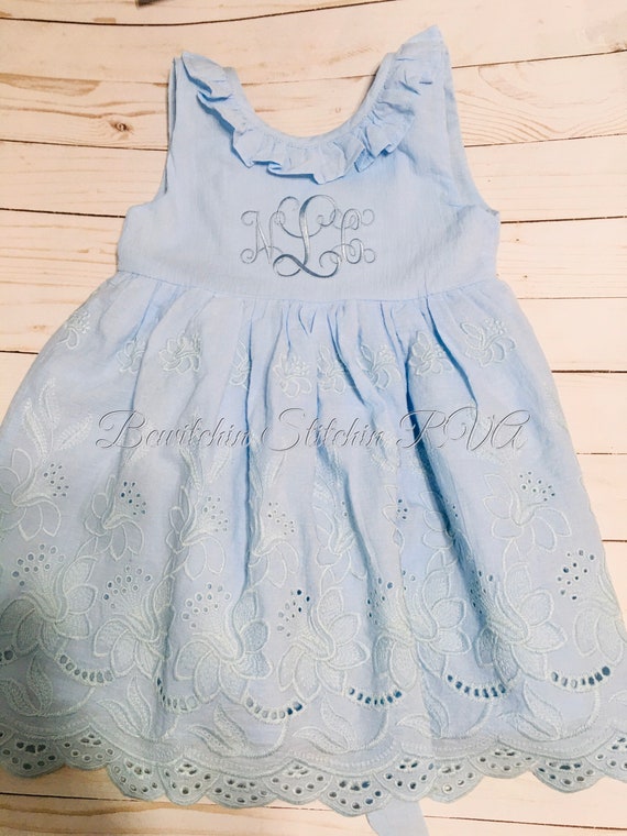 Personalized Blue Eyelet Flower Girl Dress, Girls Blue Eyelet Dress, Toddler Blue Eyelet Dress, Eyelet Dress, Monogrammed Blue Eyelet Dress